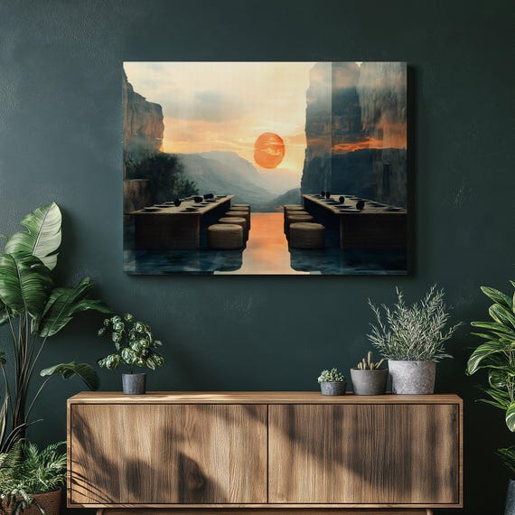 Eritrean Mesob Dining Canvas Wall Art Desert Canyon Sunrise With Woven Stools