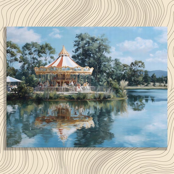 Carousel Lakeside Canvas Wall Art Vintage Reflection Print Nature Painting Blue Sky Clouds Trees Retro Landscape Decor Gift