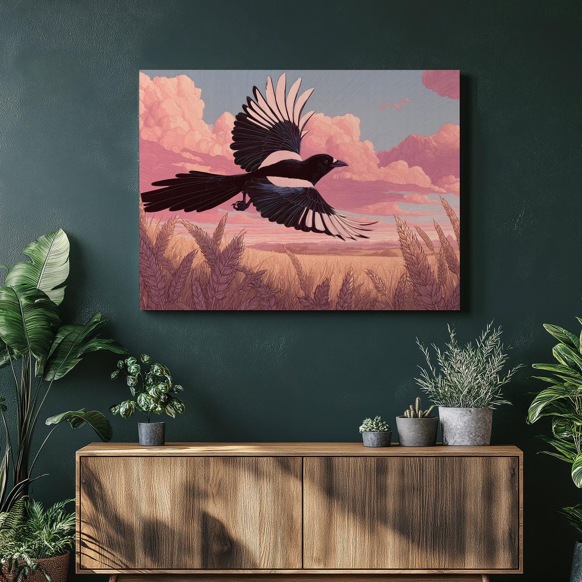 Magpie Bird Sunset Flight Wheat Field Pink Sky Nature Poster
