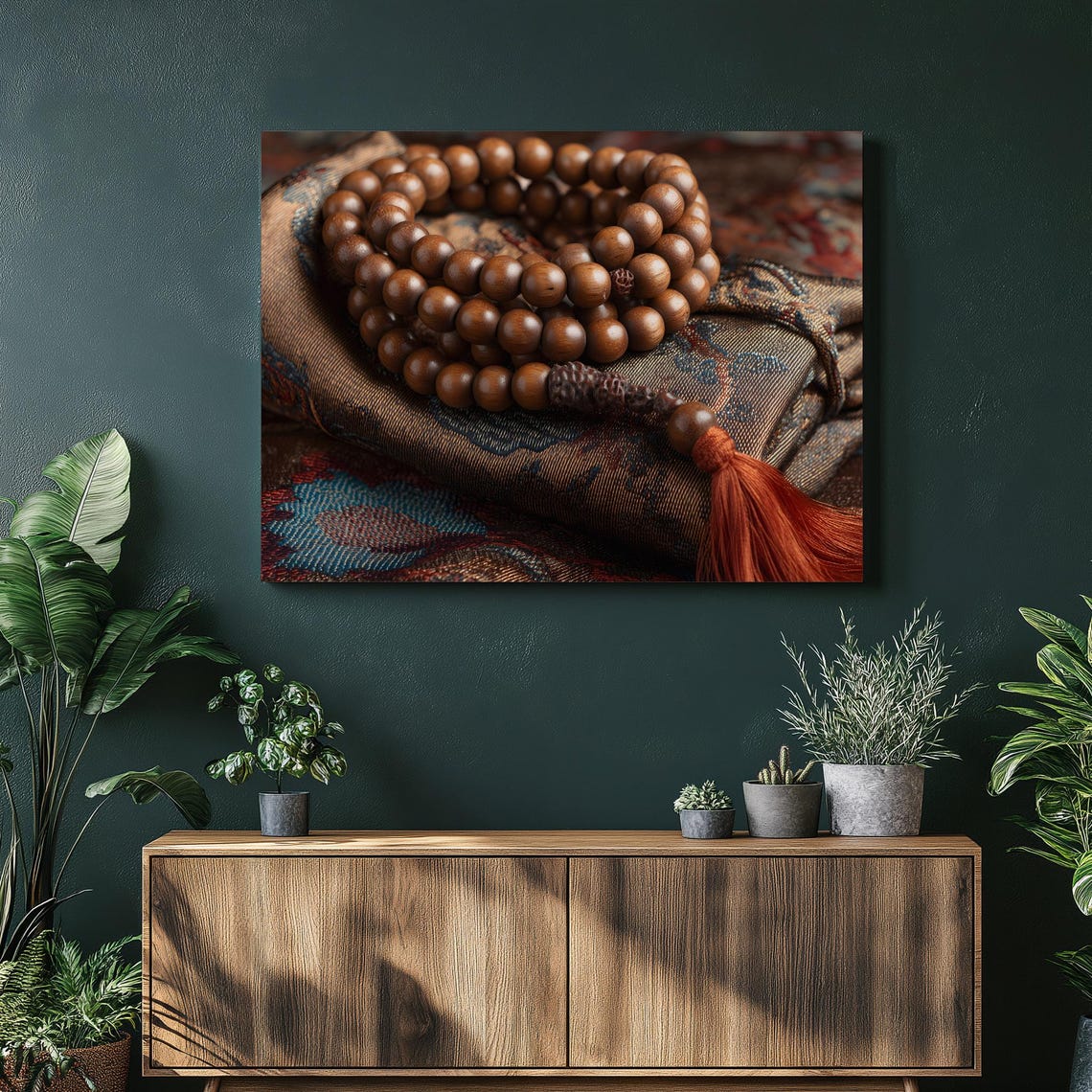 Wooden Meditation Beads Red Tassel Cozy Spiritual Zen Wall Art
