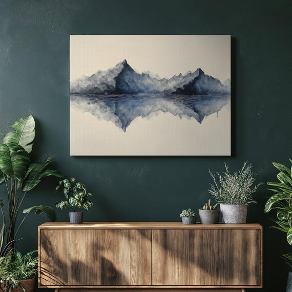 Mountain Lake Reflection Canvas Wall Art Modern Minimalist Blue Landscape Decor Mirrored Water Scene Tranquil Nature Print Giclee