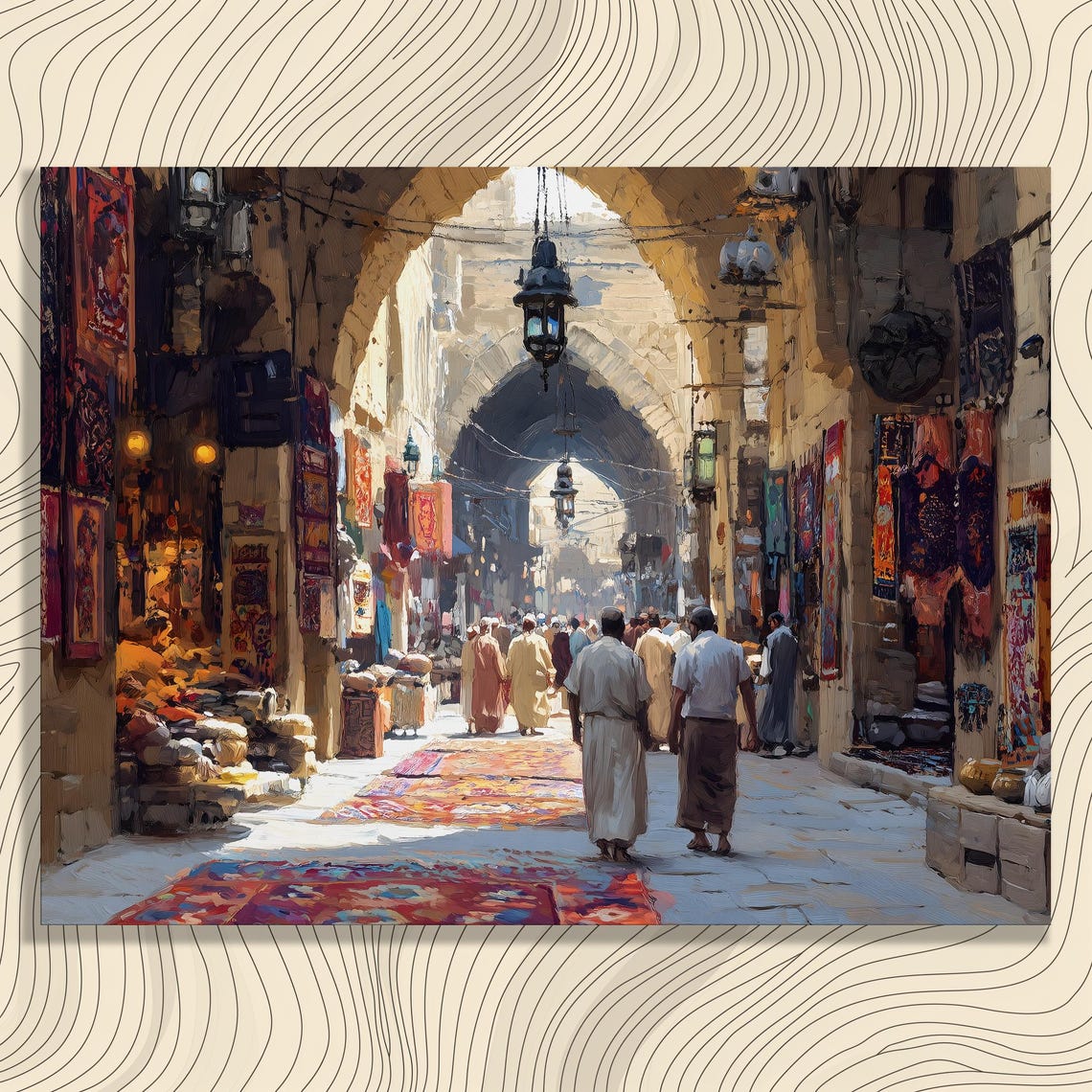 Old Bazaar Street Arches Carpets and Lanterns Middle East Art Poster