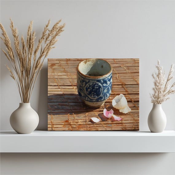Teacup Canvas Wall Art Blue Porcelain Painting With Woven Bamboo And Rose Petal Accents Minimalist Zen Classic Print