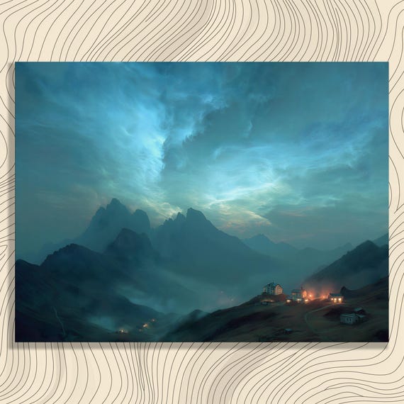 Misty Mountain Valley Canvas Wall Art Dark Moody Landscape Print Glowing Cabin Lights Foggy Twilight Sky Painting Nature Decor Gift