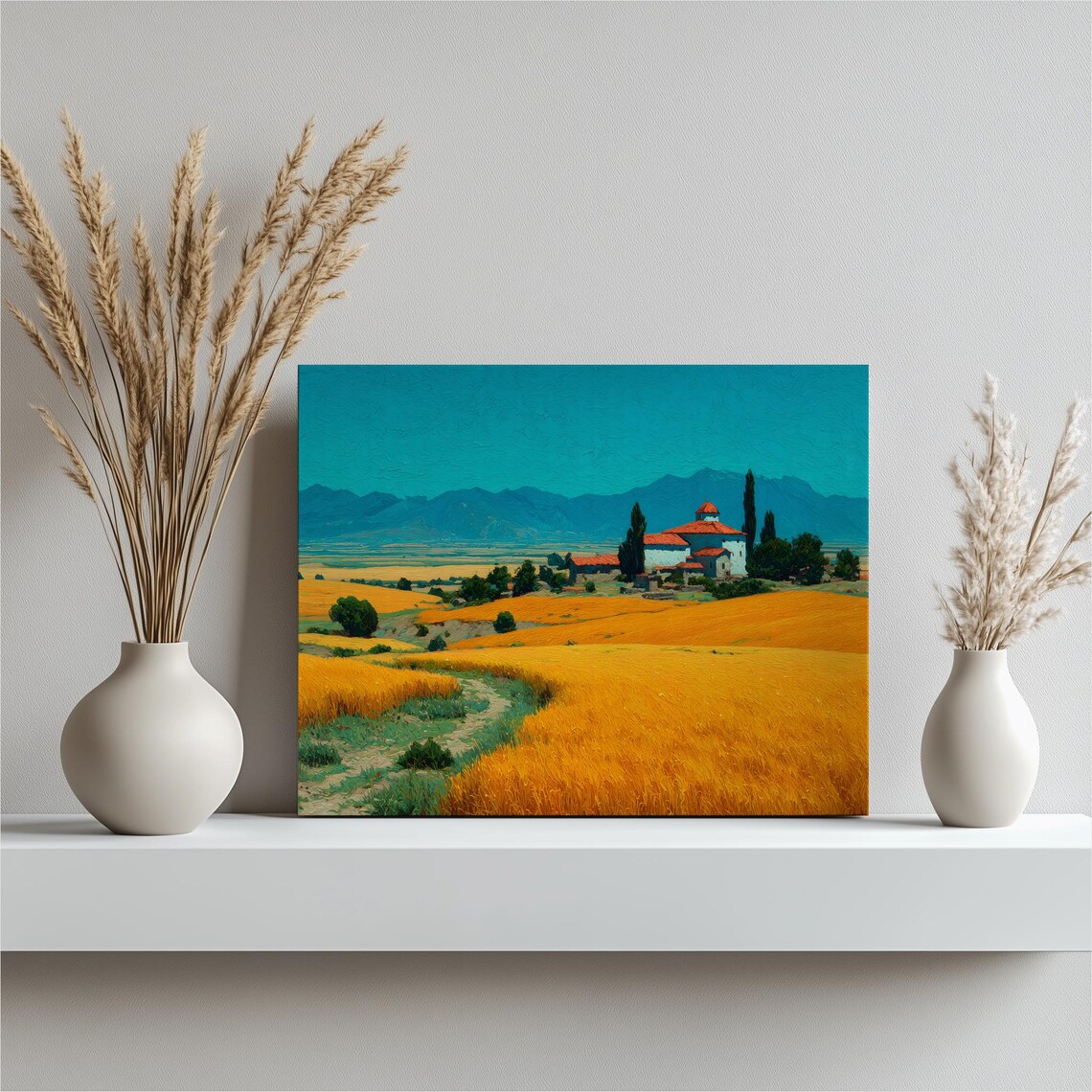 Golden Wheat Field Farmhouse Tuscan Landscape Painting Canvas Poster
