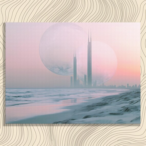 Twin Moons Futuristic City Beach Sci Fi Surreal Space Wall Art