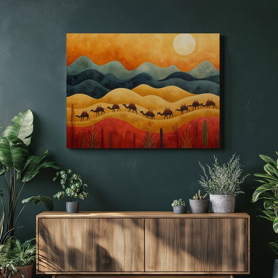Golden Camel Caravan Crossing Desert Dunes Sunset Painting Poster