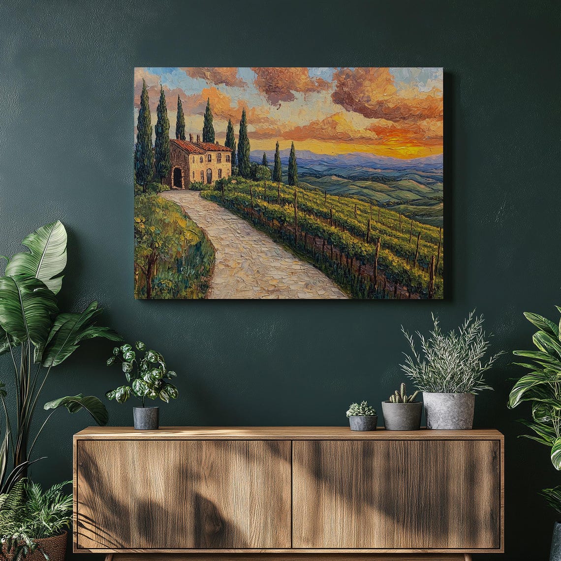 Tuscan Villa Sunset Painting With Cypress Trees And Vineyards Poster