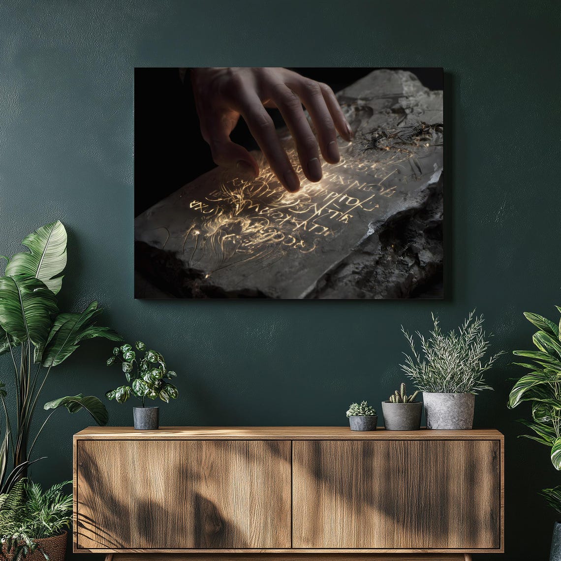 Hand Touching Glowing Rune Stone Mystical Fantasy Dark Art Poster