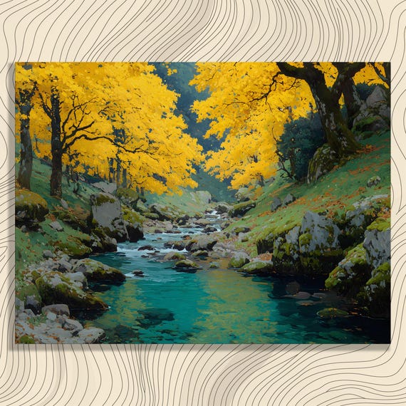 Autumn Mountain Creek Poster Golden Fall Trees Turquoise Water Art