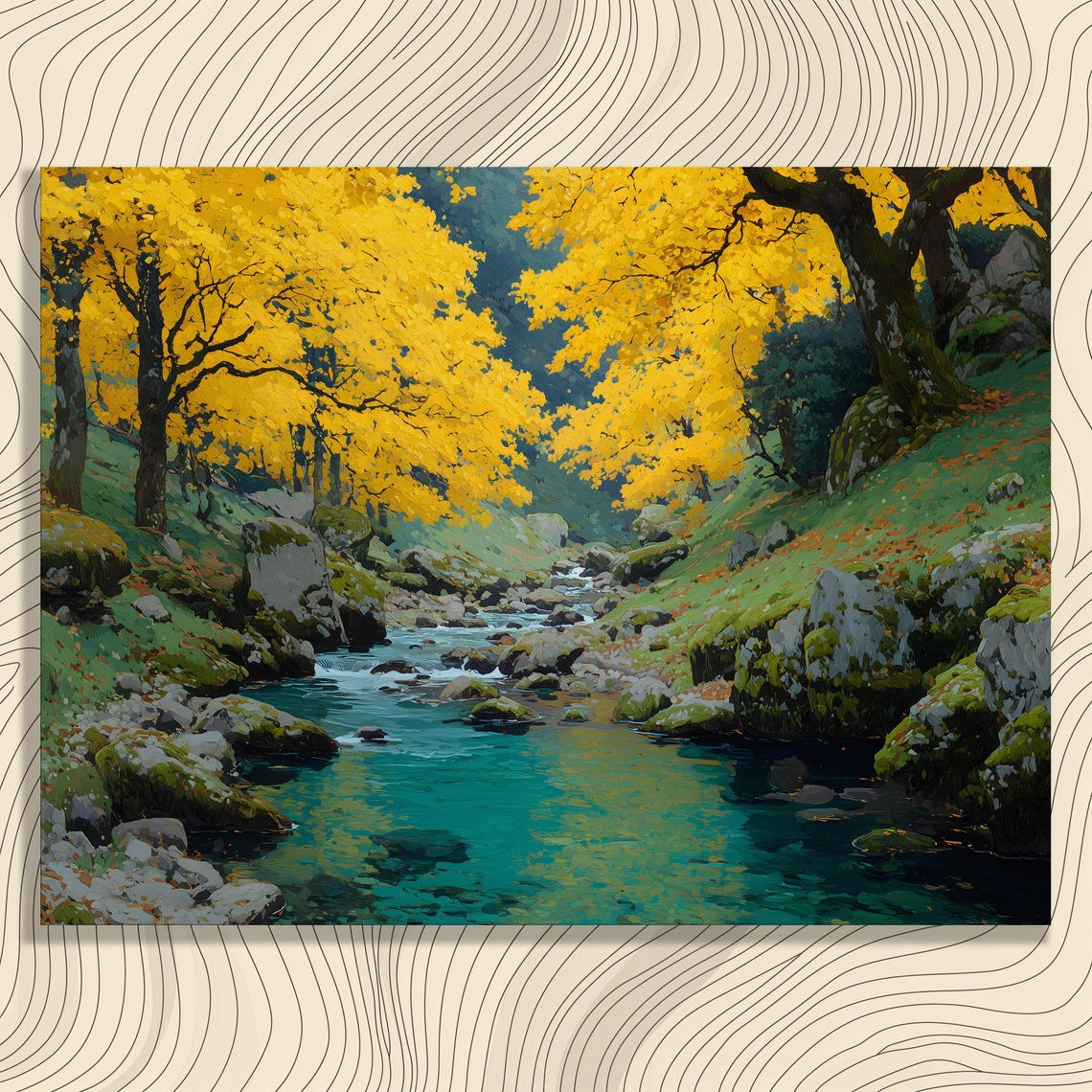 Autumn Mountain Creek Poster Golden Fall Trees Turquoise Water Art