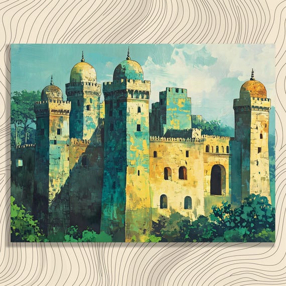 Medieval Castle Canvas Wall Art Vintage Impressionist Landscape Print Bohemian Eclectic Green Blue Painting For Enthusiasts