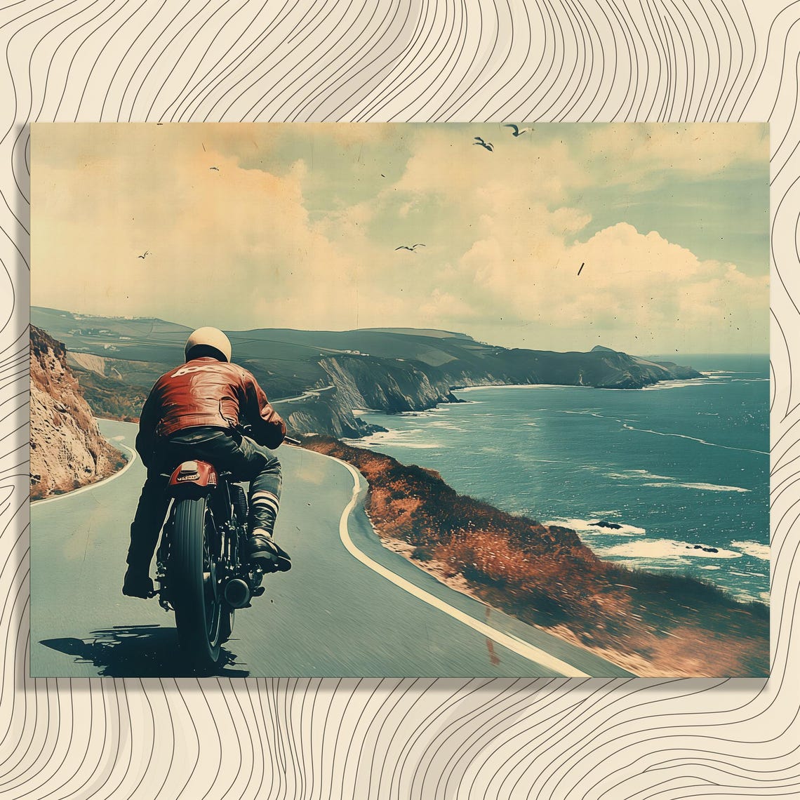 Vintage Motorcycle Coastal Highway Rider Ocean View Retro Art Poster