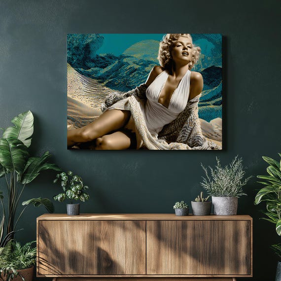Pop Art Pin Up Canvas Wall Retro Glamour Female Portrait Blonde Bombshell Teal Halftone Dots Gold Accents Culture Print