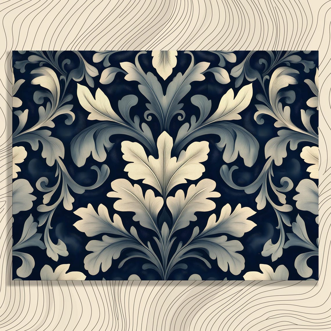 Vintage Baroque Acanthus Leaf Scroll Ornate Cream on Navy Art Poster