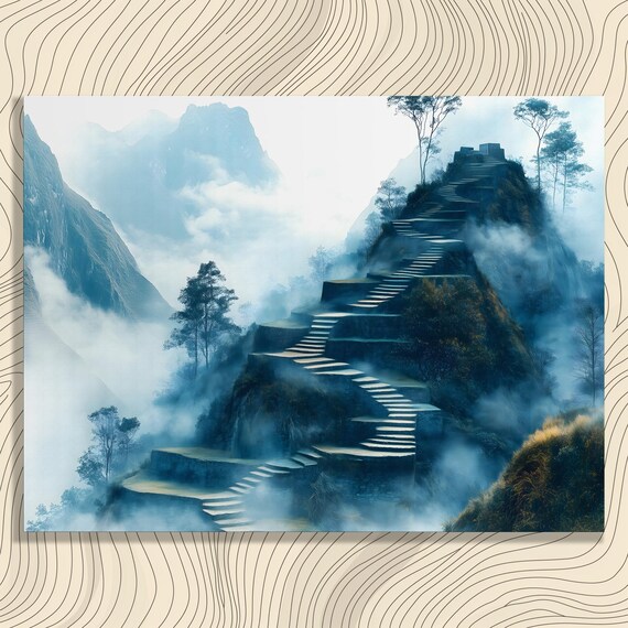 Misty Mountain Ancient Stone Stairs Clouds Ethereal Wall Art