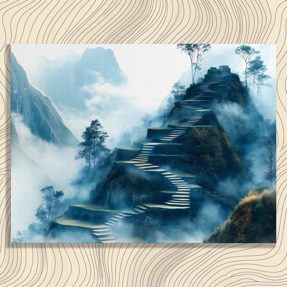 Misty Mountain Ancient Stone Stairs Clouds Ethereal Wall Art