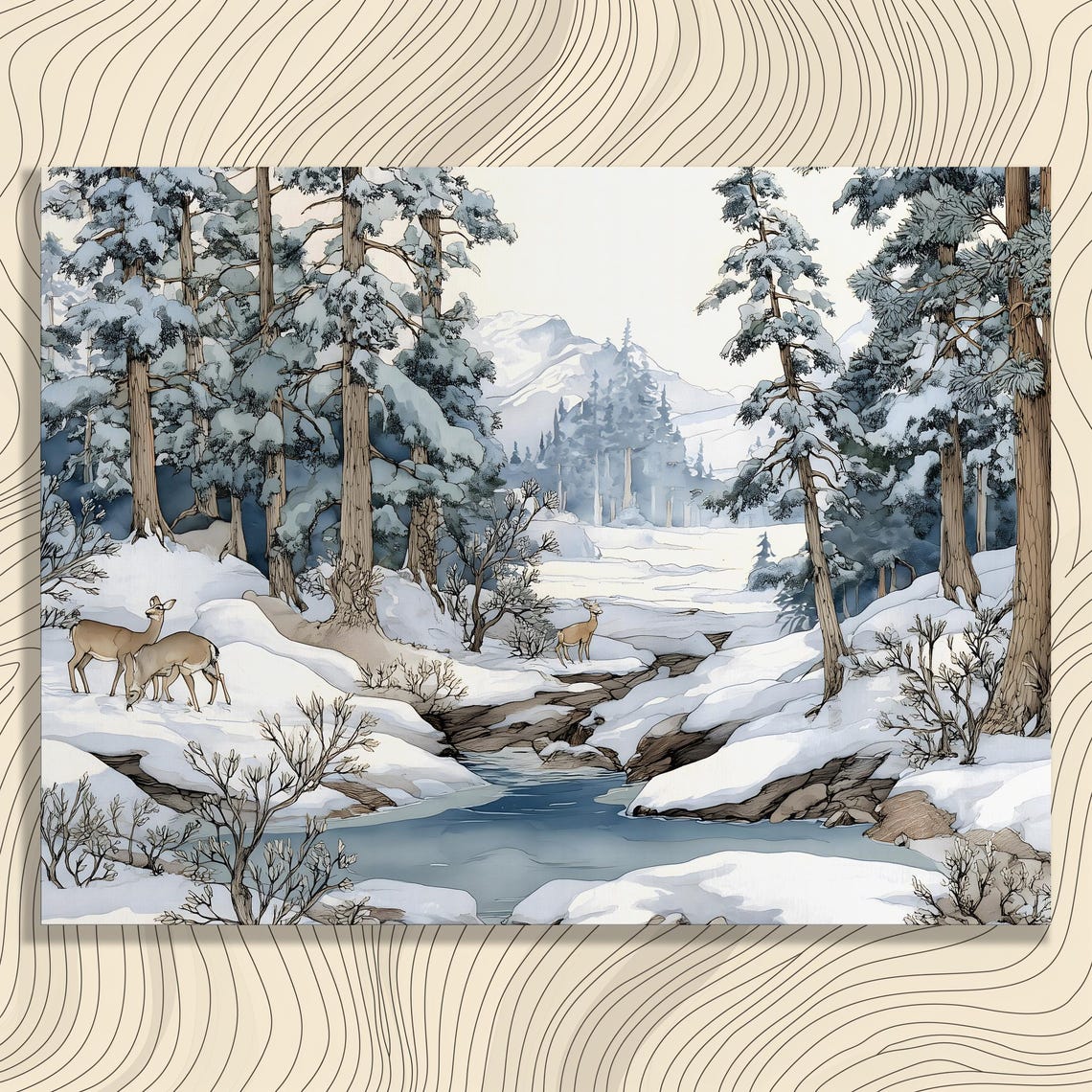 Snowy Pine Forest with Deer by Winter Stream Watercolor Poster