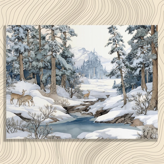Deer Winter Landscape Canvas Wall Art Tranquil Snowy Forest Mountain Creek Watercolor Print Rustic Nature Decor Wildlife Painting Gift