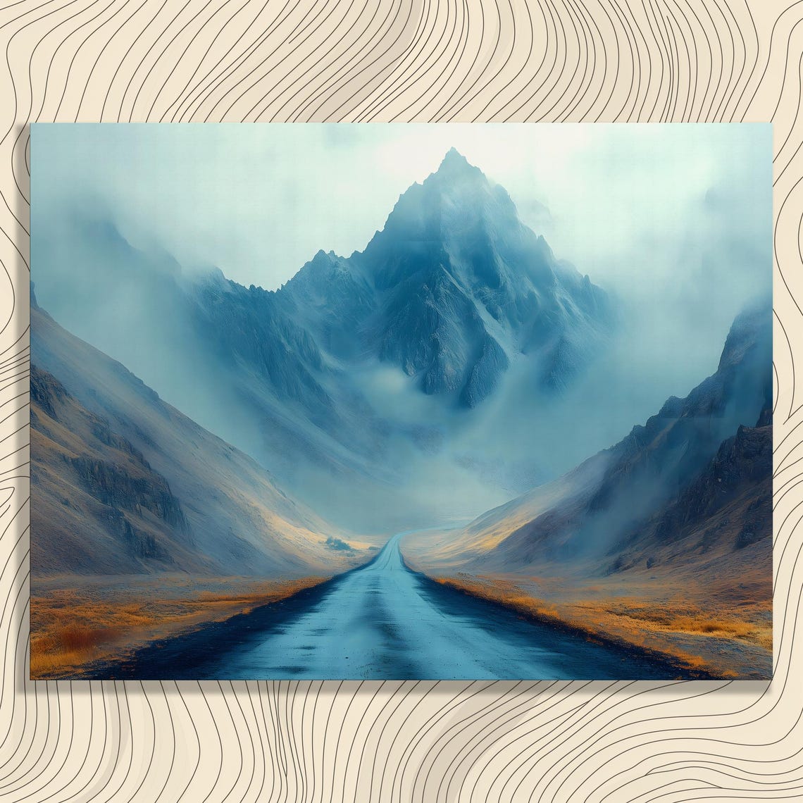 Misty Blue Mountain Road Dramatic Foggy Peaks Moody Landscape Poster
