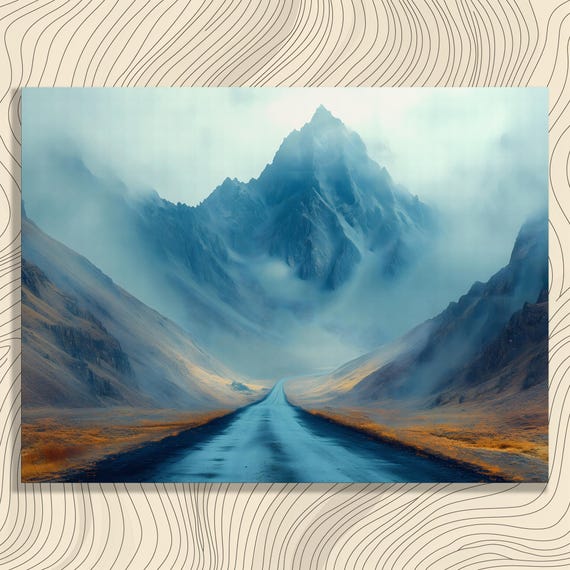 Serene Misty Mountain Canvas Wall Art Modern Nature Landscape Print With Hiking Trails Adventure Road Valley View Decor Horizon Mural