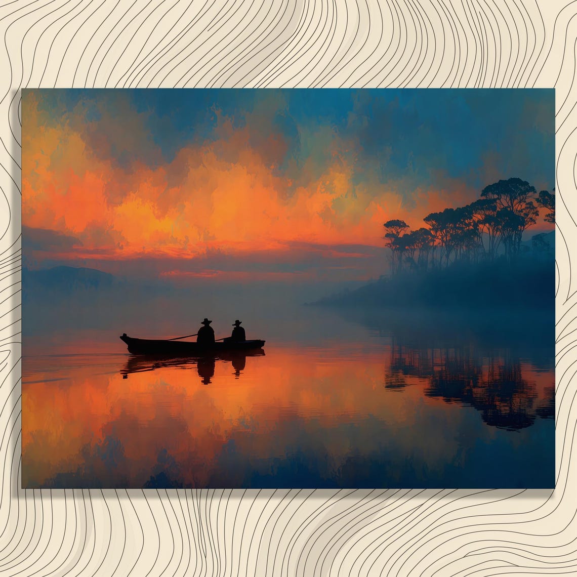 Sunset Canoe Canvas Wall Art Vibrant Lake Landscape Print With Boat Silhouette Reflection Colorful Nature Decor Serene Mornings