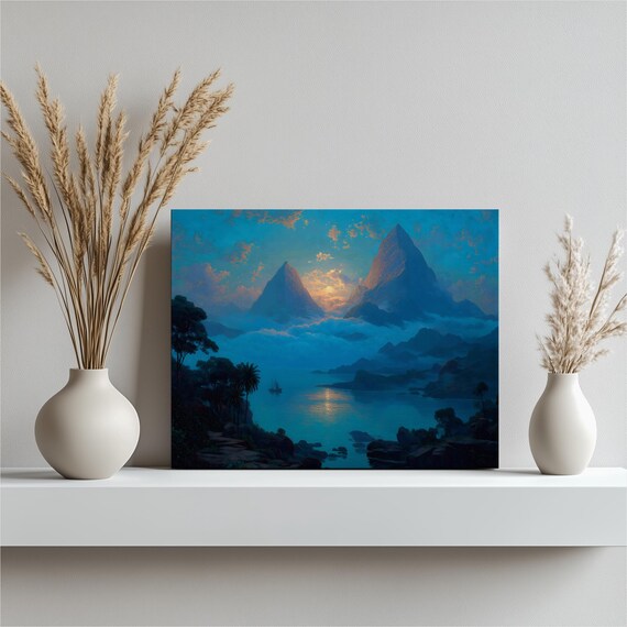 Coastal Sunrise Between Twin Peaks Blue Ocean Mountain Poster