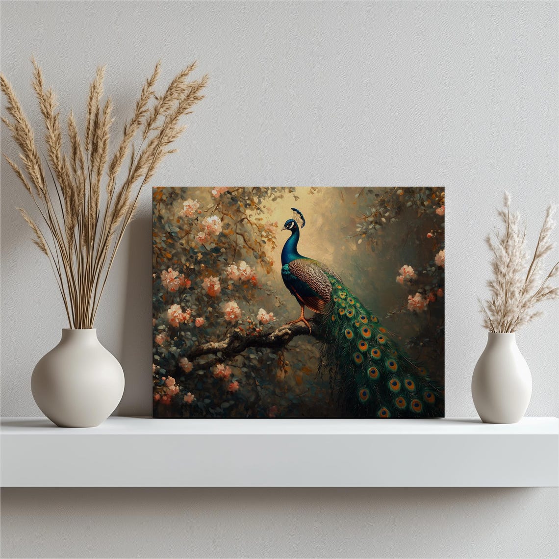 Regal Peacock Perched on Blossom Branch Moody Floral Art Poster