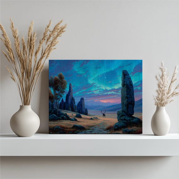 Aurora Elk Landscape Canvas Wall Art Colorful Northern Lights Mountain Scenery Starry Sky Nature Print Artwork Farmhouse Decor