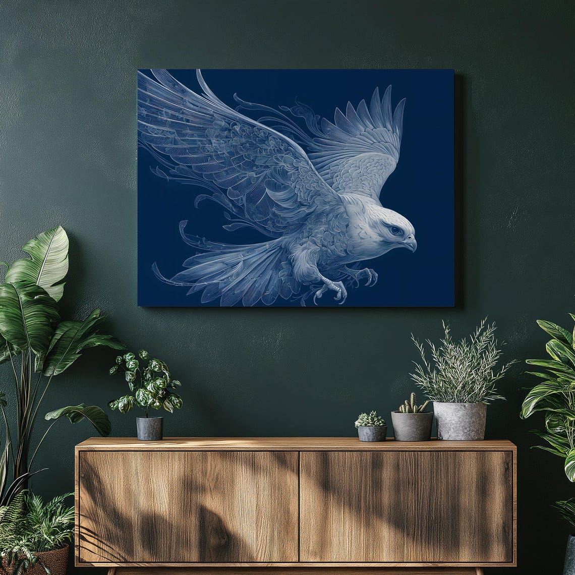 Elegant Hawk In Flight Intricate Raptor Line Art On Deep Navy Poster