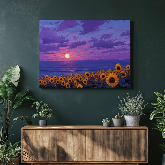 Sunflower Field By The Ocean At Purple Sunset Impasto Poster