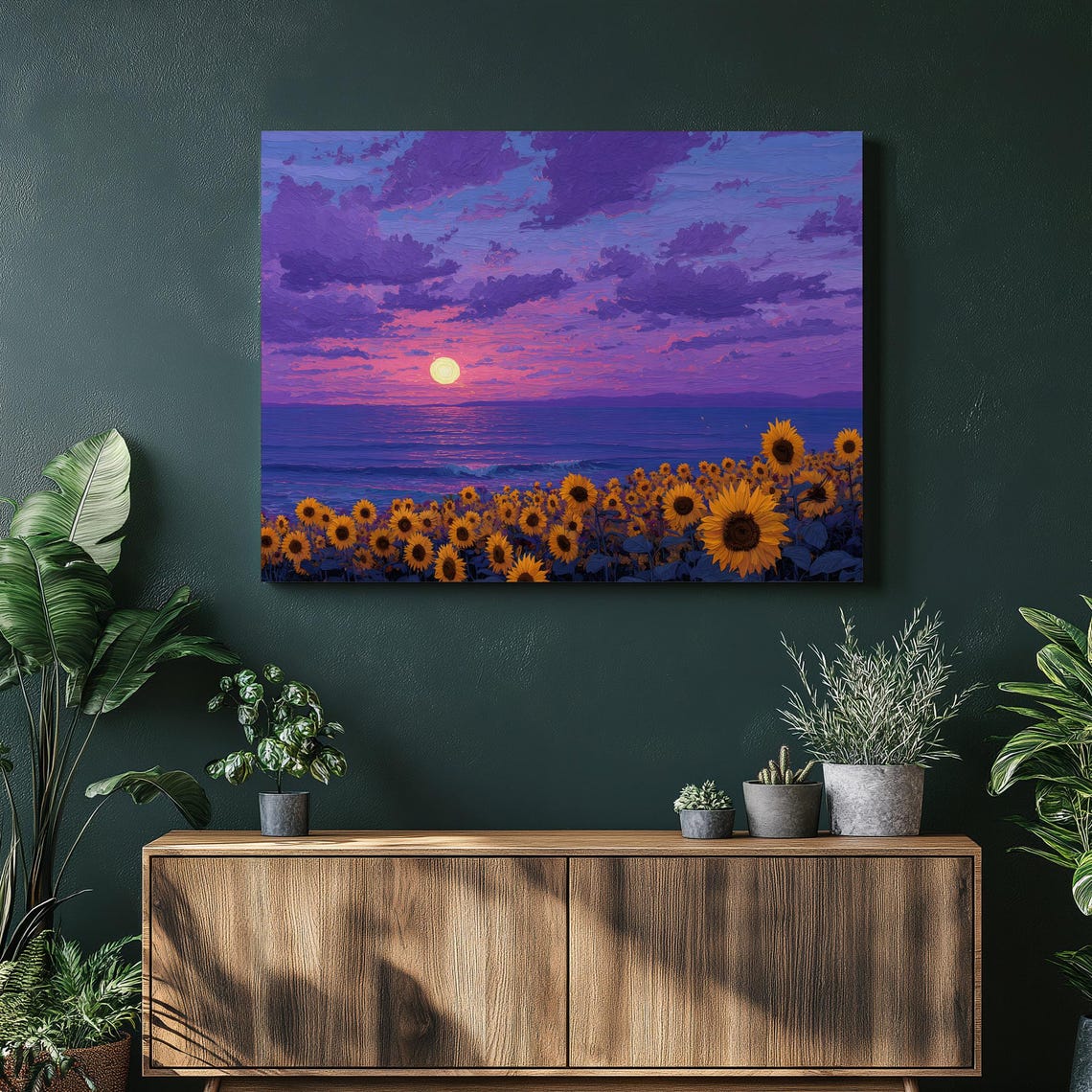 Sunflower Field By The Ocean At Purple Sunset Impasto Poster