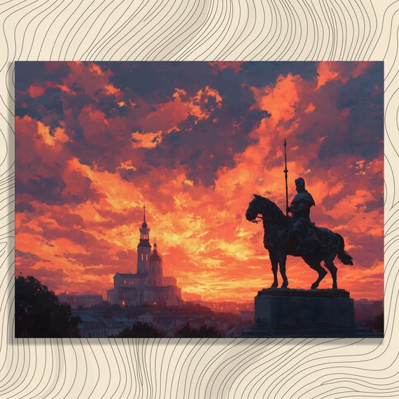 Sunset Equestrian Statue Silhouette Over City Skyline Poster