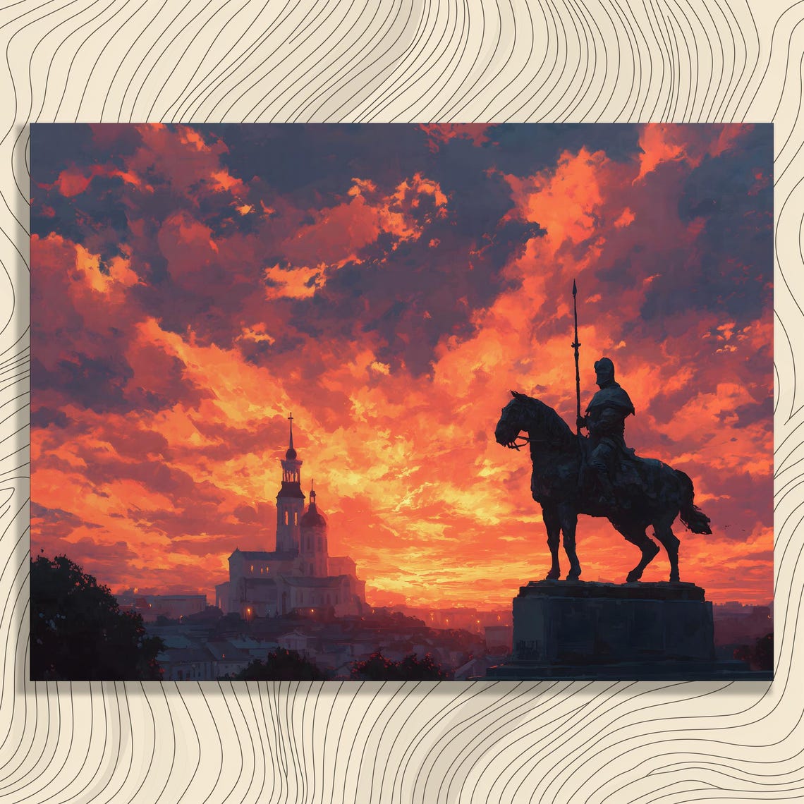 Sunset Equestrian Statue Silhouette Over City Skyline Poster