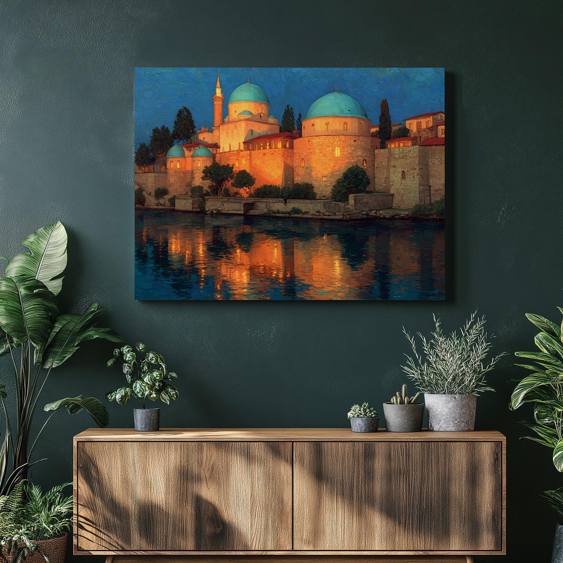 Blue Dome Fortress Minaret Dusk Reflection Waterfront Art Print