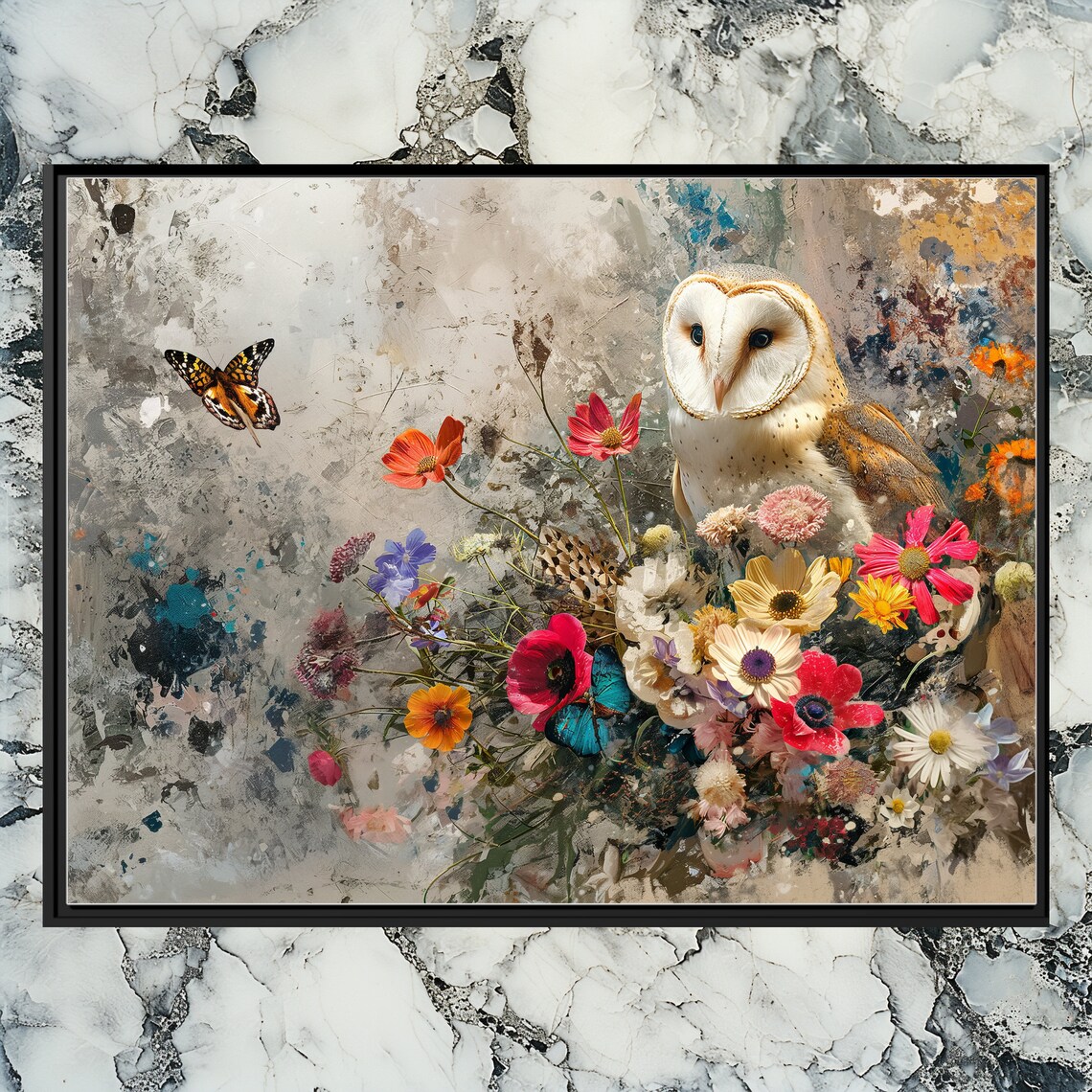 Barn Owl Wildflowers Butterfly Painterly Nature Bird Art Poster