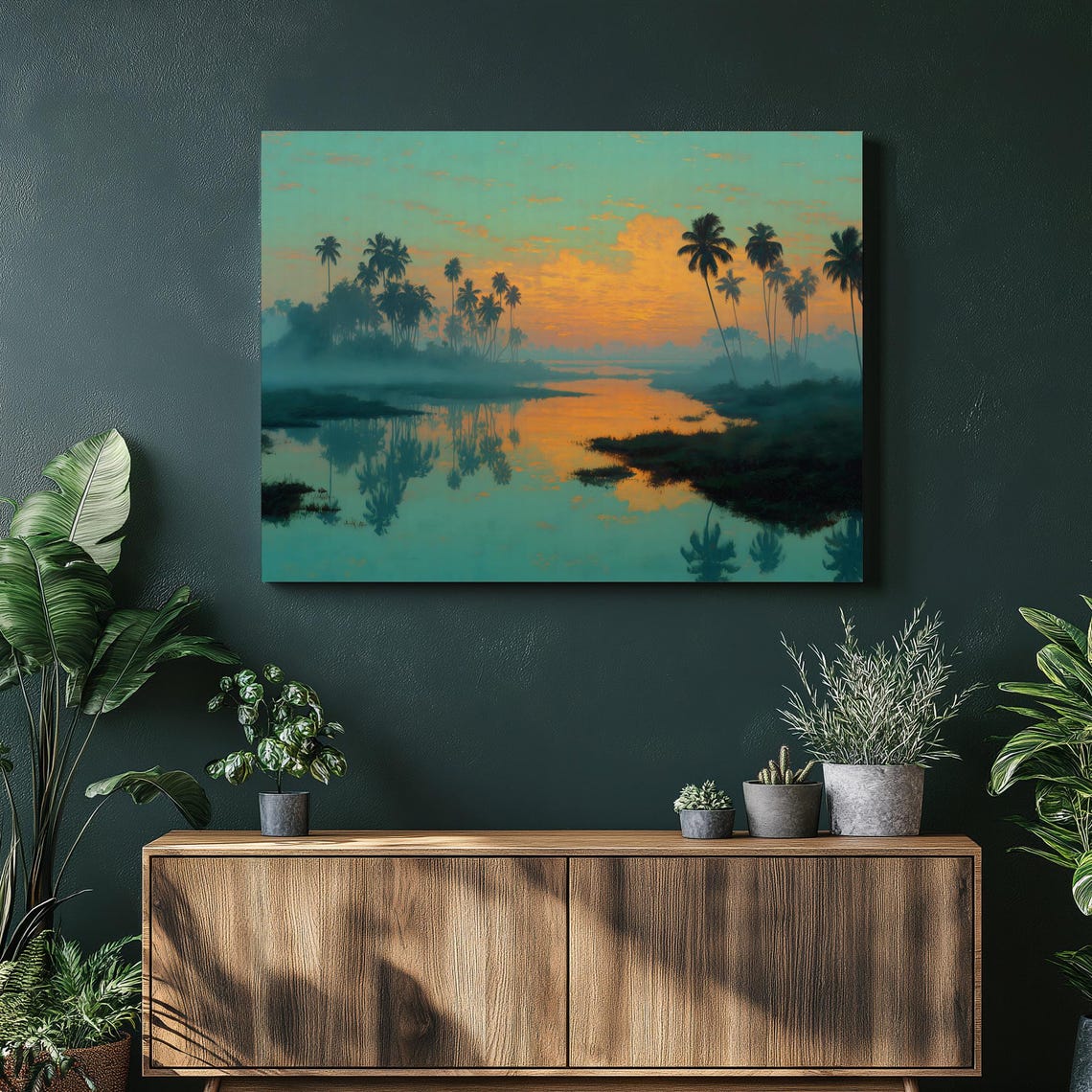 Tall Palm Trees at a Tropical Lagoon in a Golden Sunset Glow Poster