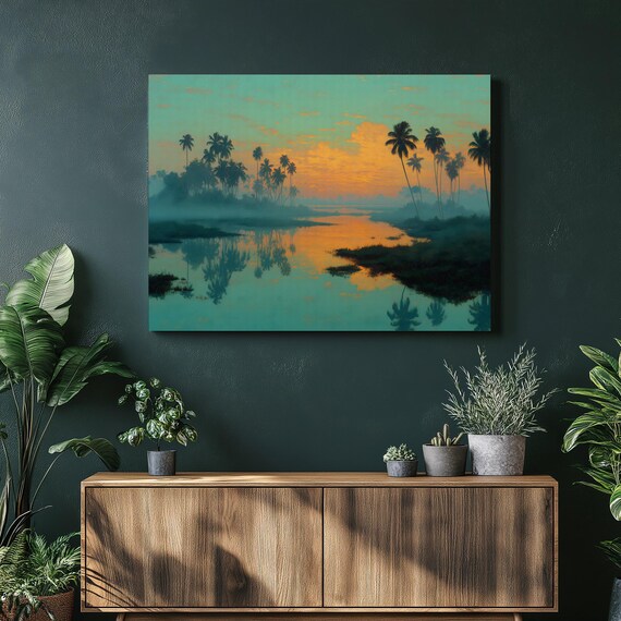 Tall Palm Trees at a Tropical Lagoon in a Golden Sunset Glow Poster