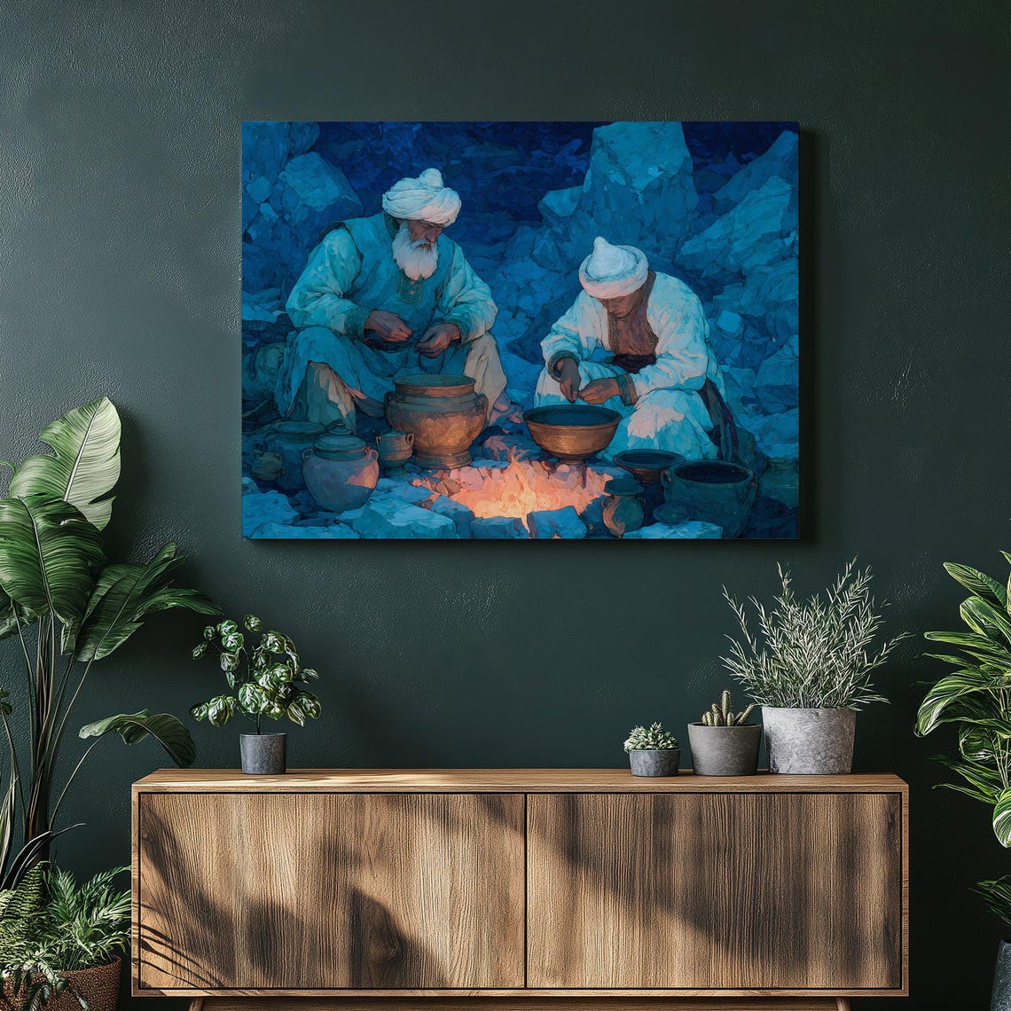 Desert Nomads Cooking Over Fire Clay Pots Night Scene Canvas Wall Art