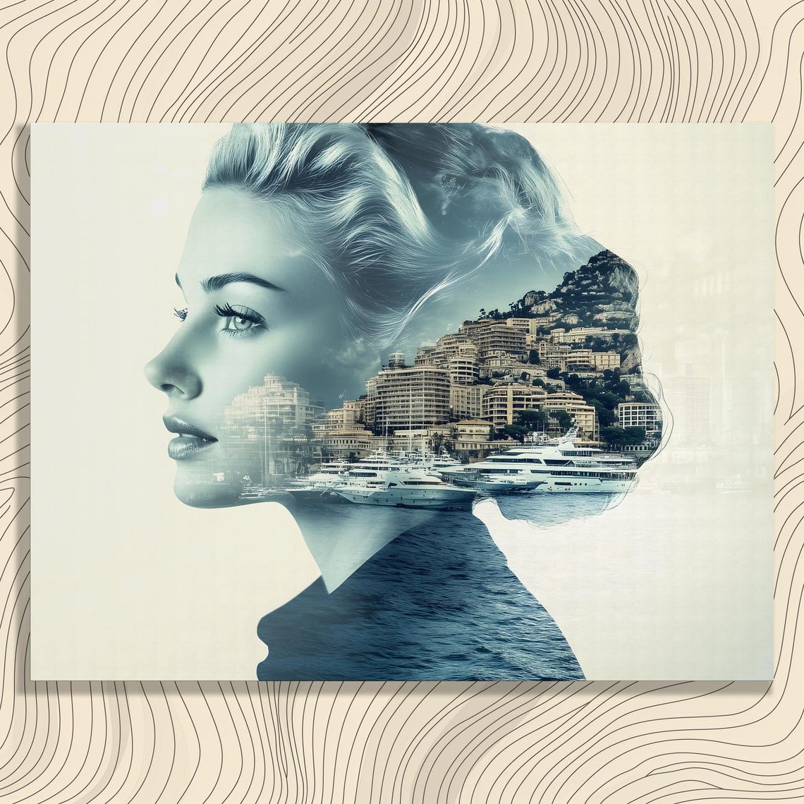 Double Exposure Woman Profile Coastal City Yachts Surreal Poster