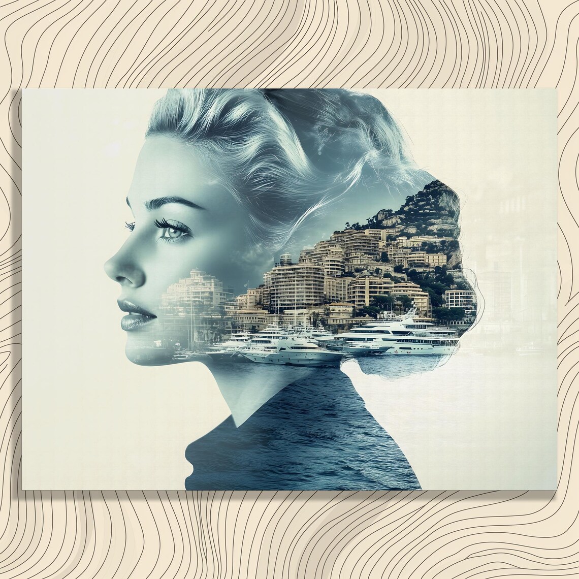 Modern Double Exposure Canvas Wall Art Surreal Cityscape Ocean Portrait Print Mountain Reflection Minimalist Coastal Artwork