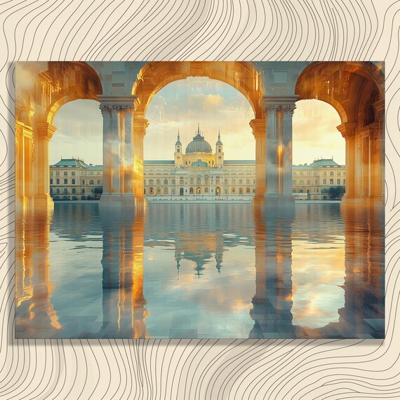 Grand European Palace with Golden Arches Reflection Art Poster