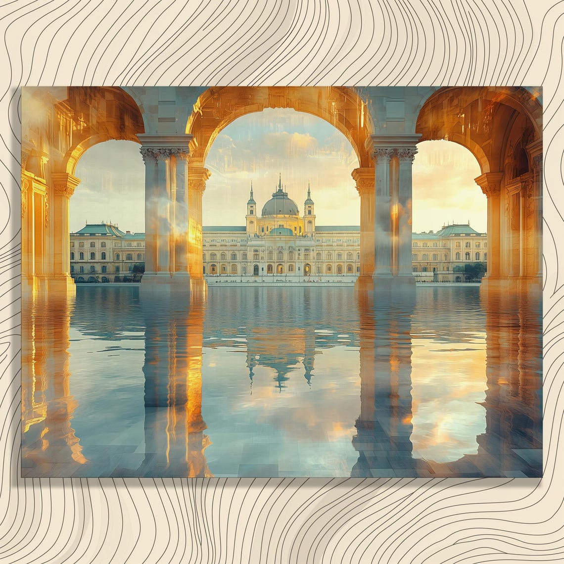 Grand European Palace with Golden Arches Reflection Art Poster
