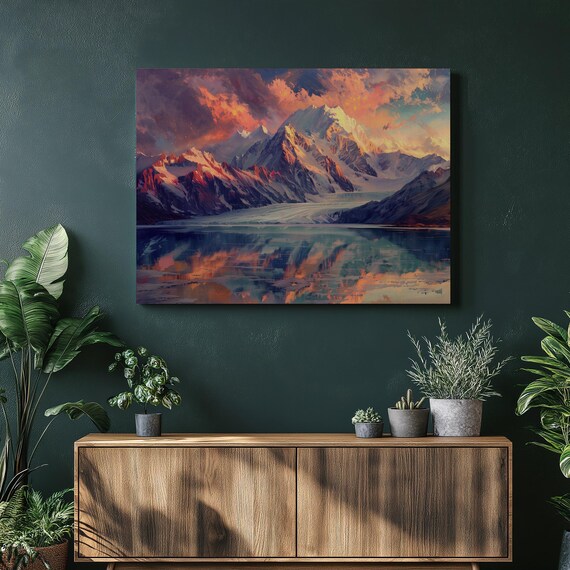 Snow Capped Alpine Peaks Sunset Reflection Lake Mountain Poster