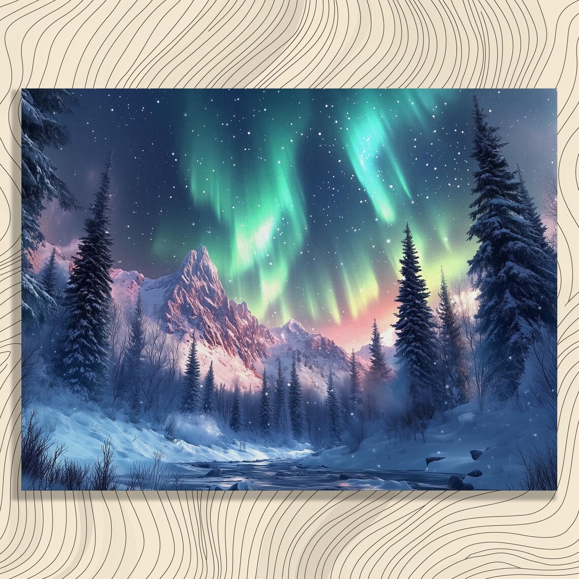 Northern Lights Aurora Snowy Mountain Pines Starry Night Wall Art