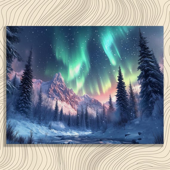 Northern Lights Mountains Canvas Wall Art Snow Landscape Painting Winter Night Decor Aurora Borealis Print Snowy Trees Artwork Mountain