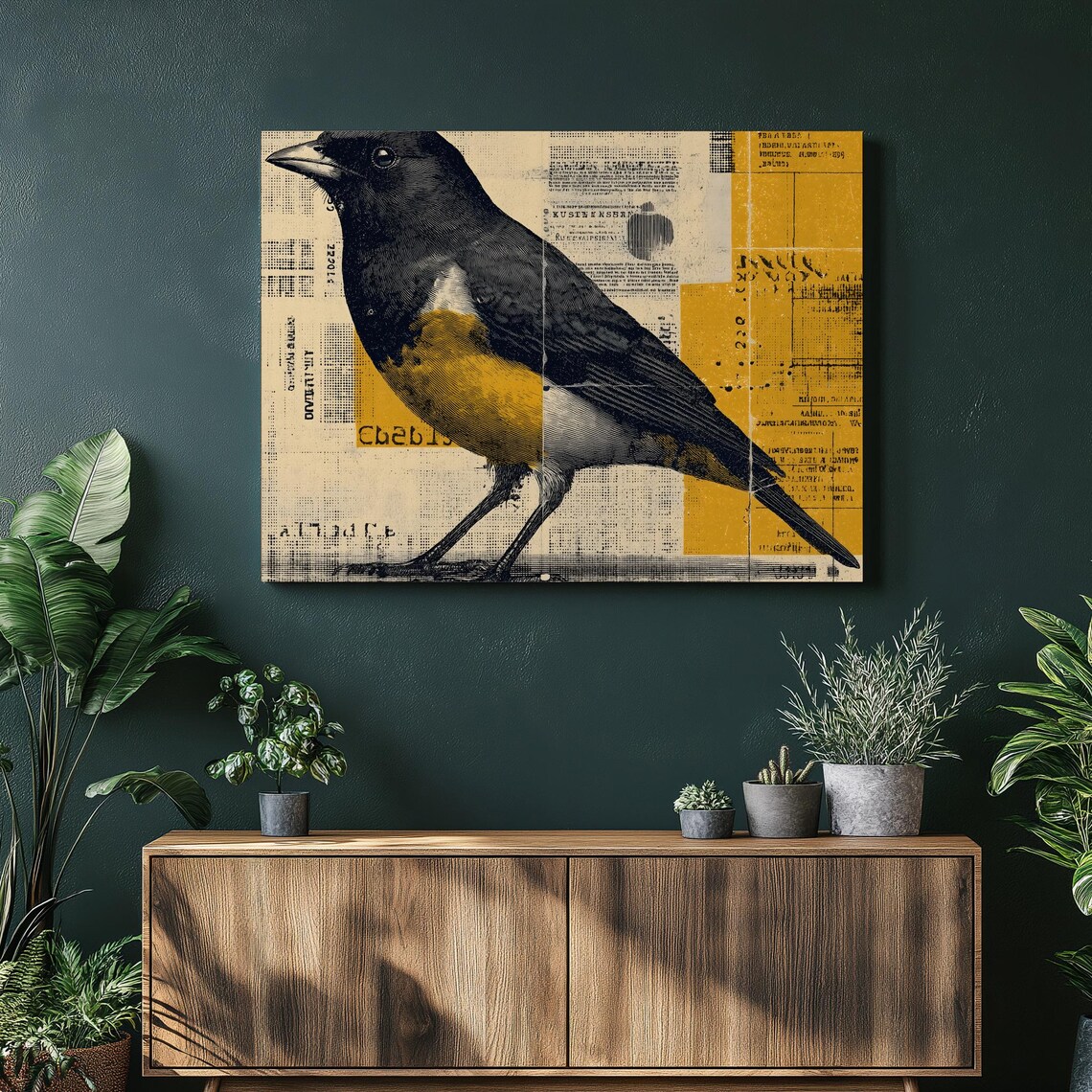 Oriole Songbird Retro Gold Collage Art Modern Wildlife Poster