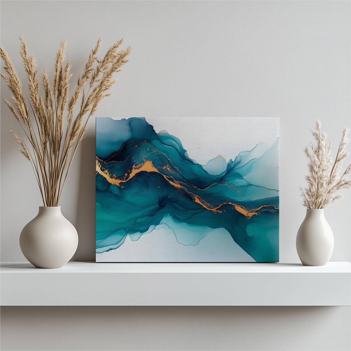 Teal and Gold Abstract Alcohol Ink Waves Fluid Modern Art Poster
