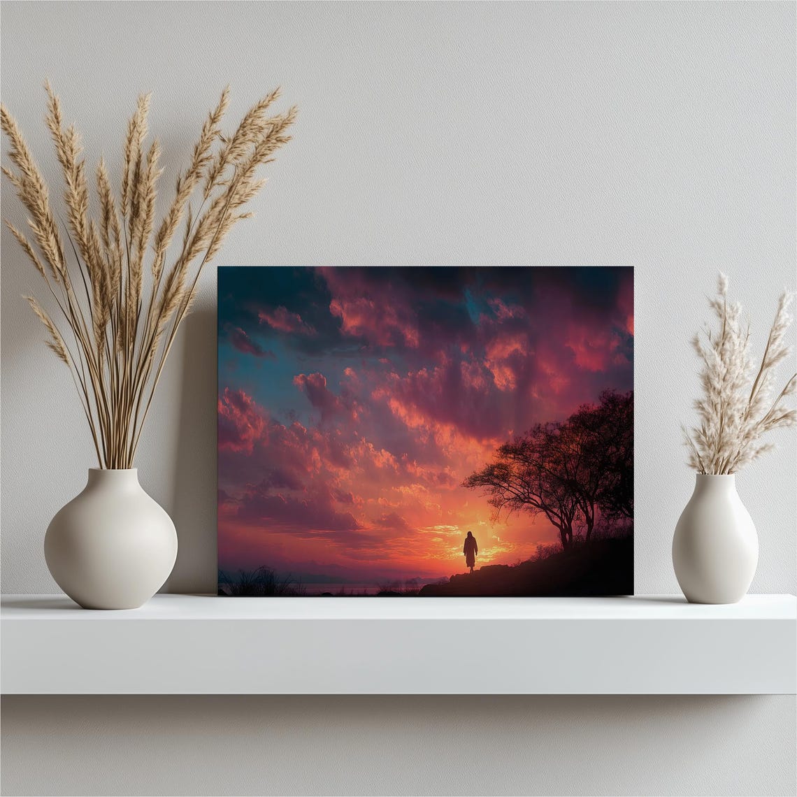 Lone Sunset Silhouette Figure Hill Dramatic Sky Landscape Poster