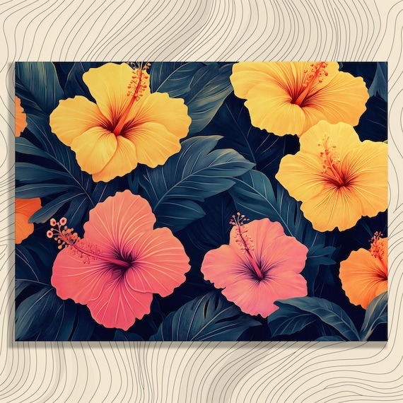 Vibrant Hibiscus Blooms Dark Botanical Tropical Flower Wall Art